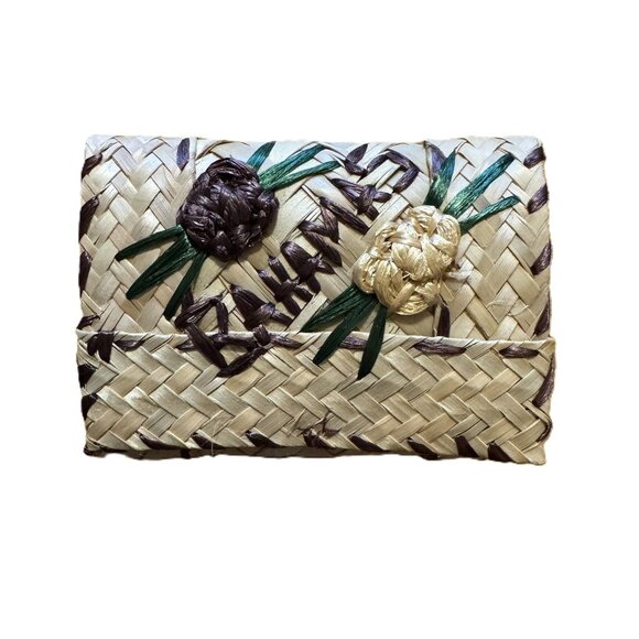 Vintage Woven Straw Bi-Fold Wallet, "Bahamas" & Floral Accents, Boho Accessory - Picture 1 of 6
